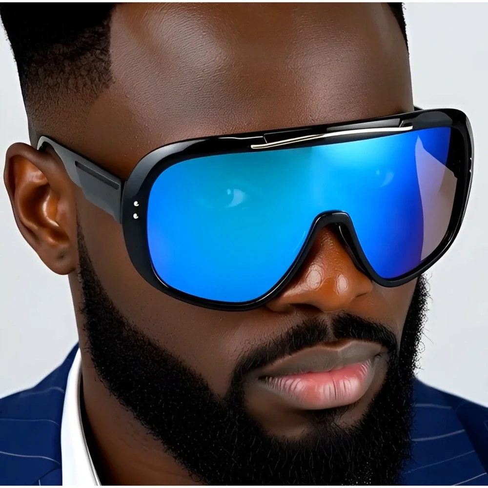 Men Sunglasses Oversized XL Fashion‎ Blue Mirror Lens Luxury Street Wear Lentes